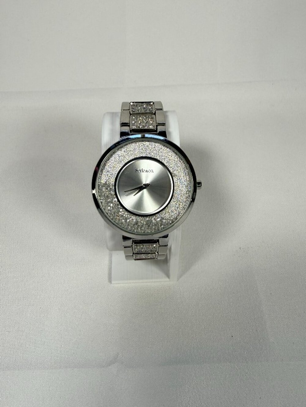 Style & Co Women’s Silver Tone Glitter Dial Watch Rhinestone Accent